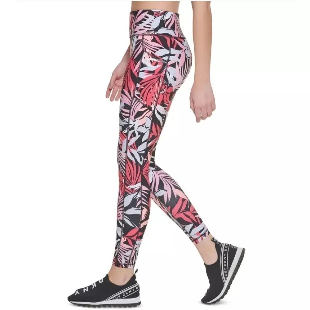 MSRP $70 Dkny Printed High-Waist 7/8 Legging Jungle Bloom Bubblegum Pink M